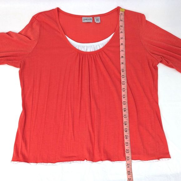 Chicos Womens 2 / Large Coral Orange White Faux Layered 3/4 Sleeve Top Shirt - Picture 5 of 7